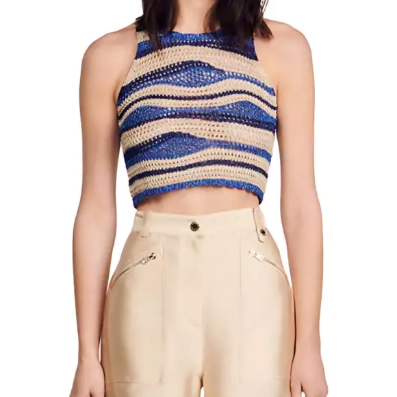 New With tags Sandro Octave Metallic Stripe Crochet Crop Tank Top FR 1/fits XS/S - Picture 5 of 11